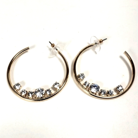 Women's Stunning Polished Gold tone Sparkling Crystal Open Hook Post Earrings - Picture 4 of 9